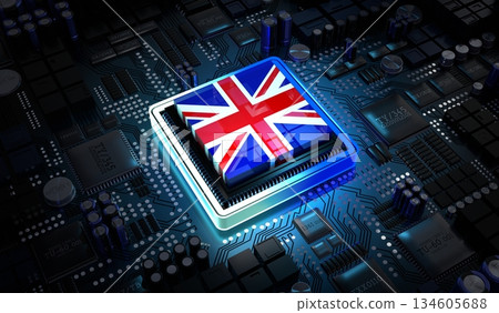 Computer processor with flag of United Kingdom - 3D illustration Computer processor with flag of United Kingdom - 3D illustration 134605688
