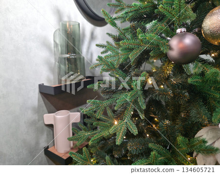 Modern Christmas Tree with Stylish Interior Shelf Decor 134605721