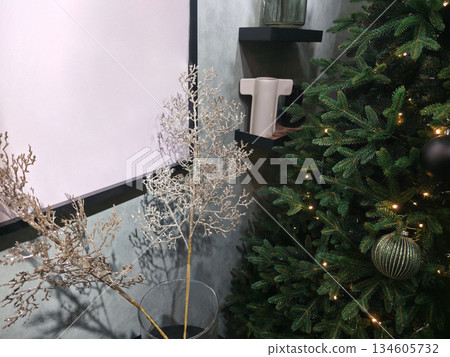 Festive Christmas Tree with Glitter Branches and Decor 134605732