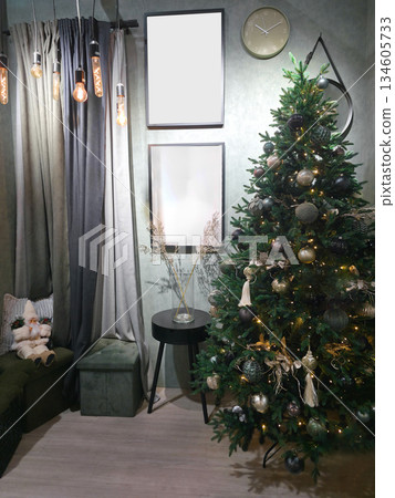 Cozy Flocked Christmas Tree and Gnome in Stylish Livingroom 134605733