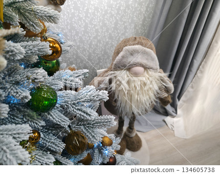 Frosted Christmas Tree with Gnome and Shiny Ornaments Frosted Christmas Tree with Gnome and Shiny Ornaments 134605738