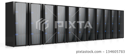 3D servers illustration - great for topics like storage, hosting, data center, Internet etc. 134605783