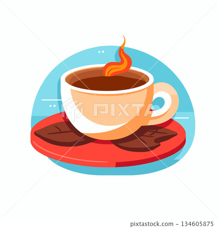 Steaming cup of coffee with chocolate leaves on a red saucer in the morning Steaming cup of coffee with chocolate leaves on a red saucer in the morning 134605875