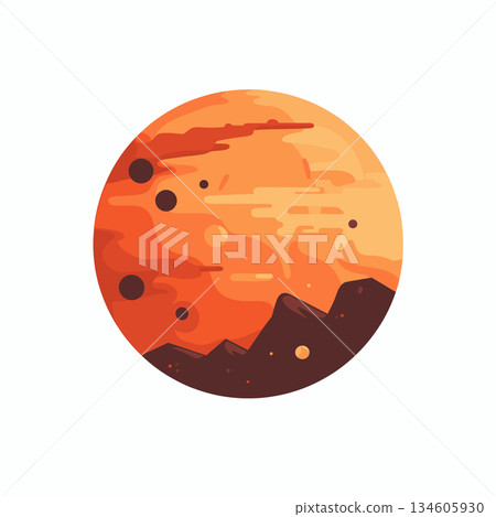 Planet Mars surface with craters, mountains, and reddish atmosphere viewed from space 134605930