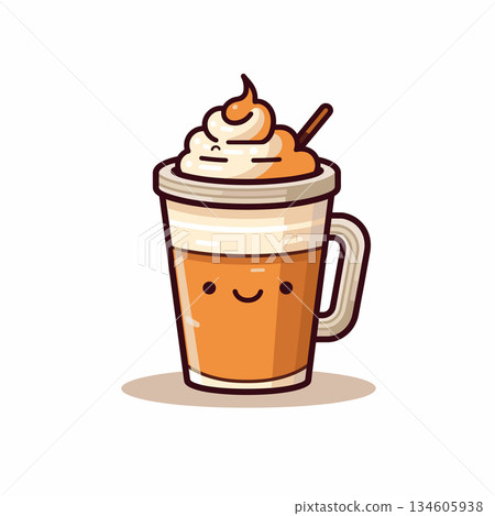 Cartoon style drink cup with cream and face smiling on a white background Cartoon style drink cup with cream and face smiling on a white background 134605938