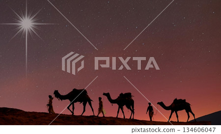Three wise men on camels cross sand dunes at sunset, following the bright star of bethlehem  134606047