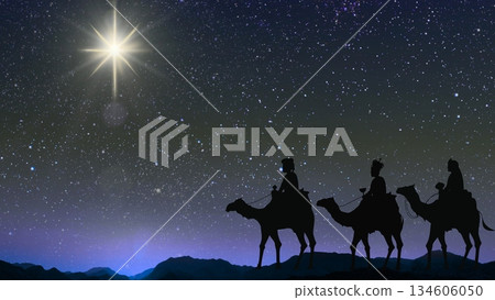 Three wise men riding camels across desert dunes at night, 134606050