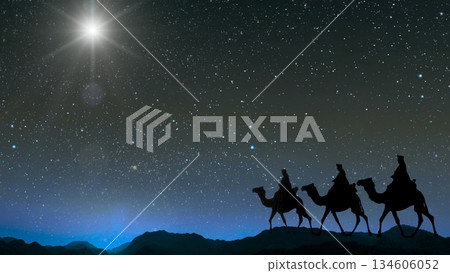 Three wise men following the guiding light of the star of bethlehem in beautiful blue starry sky 134606052