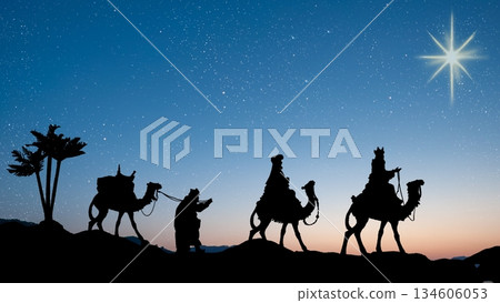 Three wise men following bethlehem star on a spiritual night journey toward the nativity 134606053