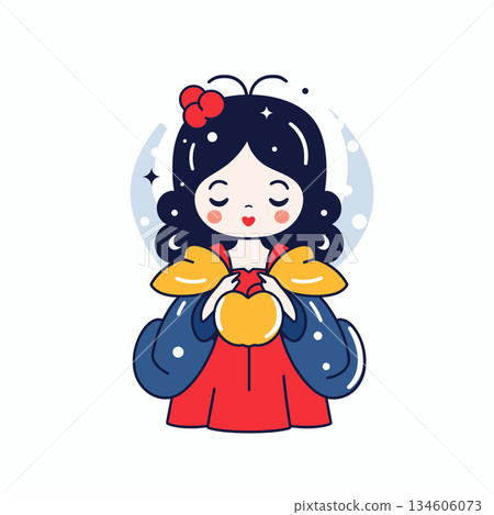 Snow White holding an apple in front of a moon with stars cartoon 134606073