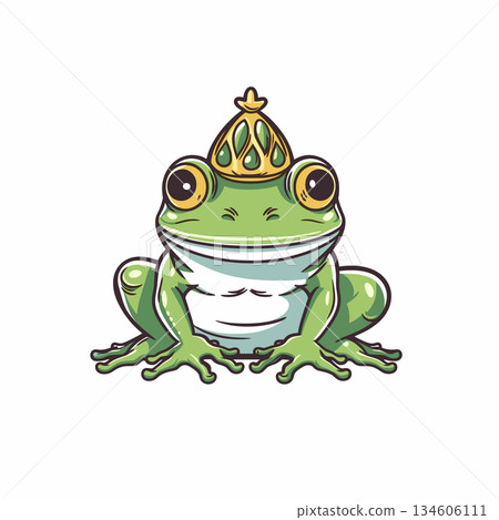 Cartoon-style green frog with big eyes wears a golden crown with jewel accents. The frog sits poised on a white backdrop, radiating a regal presence and cartoon charm. 134606111