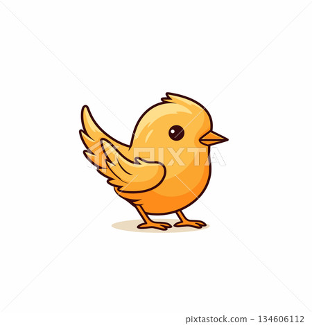 A small, yellow bird with black eyes. The bird has wings and small feet and appears to be standing. The background is plain white. 134606112