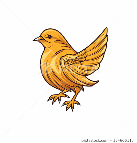 A cute yellow bird, likely a canary, stands on its feet. It has defined feathers and wings, with its head turned slightly. It is isolated on a white background. 134606113
