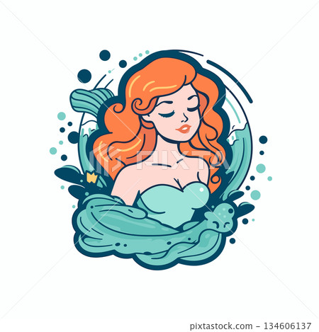 An illustration showcases a beautiful sea maiden with red hair, a light aqua dress, closed eyes, and a gentle smile. She is surrounded by swirling aqua water, bubbles, and plants. 134606137