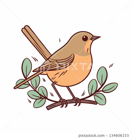 A cartoon bird with brown feathers and orange body perches on a brown branch, which has some green leaves. The background is white and there are a few motion lines. 134606153