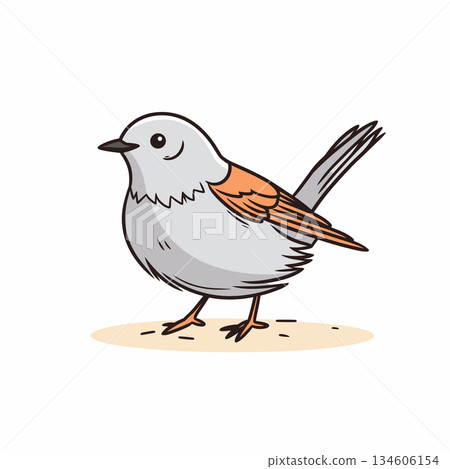 A cute, cartoon-style bird with light gray feathers and orange accents is perched on a sandy surface. The bird is drawn with a simple, cheerful expression. A cute, cartoon-style bird with light gray feathers and orange accents is perched on a sandy surface. The bird is drawn with a simple, cheerful expression. 134606154
