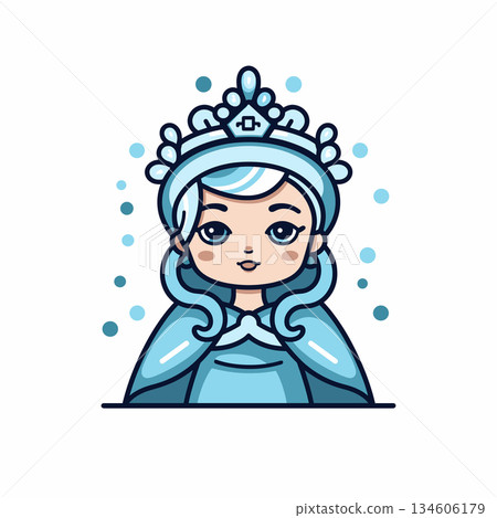 Cartoon winter queen with blue crown and cape stands against a white background 134606179