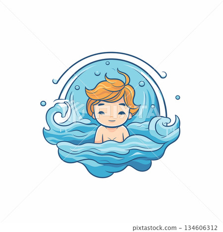 Cartoon Boy with Orange Hair Surrounded by Waves inside a Blue Circle Frame Cartoon Boy with Orange Hair Surrounded by Waves inside a Blue Circle Frame 134606312
