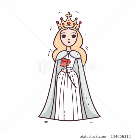 Cartoon queen wearing a crown and cape, holding a red rose in her hand 134606313
