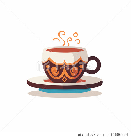 A decorative cup sits on a saucer. Steam rises from the cup, indicating the beverage inside is warm. The cup has decorative swirls on the side. A decorative cup sits on a saucer. Steam rises from the cup, indicating the beverage inside is warm. The cup has decorative swirls on the side. 134606324