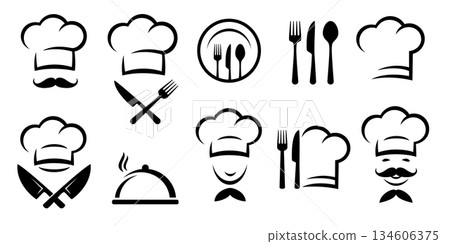 Cooking set with utensils, cook chef hat, fork, knife and spoon icons Cooking set with utensils, cook chef hat, fork, knife and spoon icons 134606375