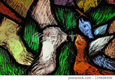 Saint Francis of Assisi, detail of stained glass window by Sieger Koder in Franciscan abbey in Kleinostheim, Germany 134606400