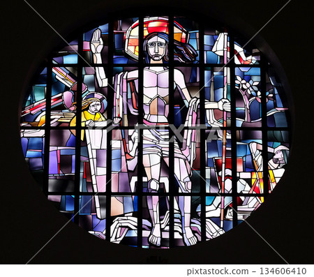 Saint Lawrence of Rome stained glass window in the Saint Lawrence church in Kleinostheim, Germany Saint Lawrence of Rome stained glass window in the Saint Lawrence church in Kleinostheim, Germany 134606410