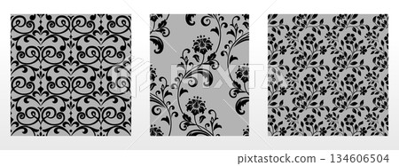 Geometric floral set of seamless patterns. Gray and black vector backgrounds. Damask graphic ornaments Geometric floral set of seamless patterns. Gray and black vector backgrounds. Damask graphic ornaments 134606504