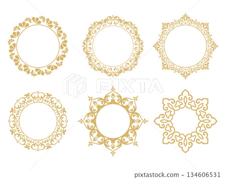Set of decorative frames Elegant vector element for design in Eastern style, place for text. Floral golden and white borders. Lace illustration for invitations and greeting cards 134606531