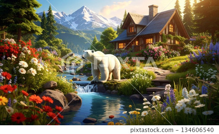 beautiful landscape with white dog 134606540