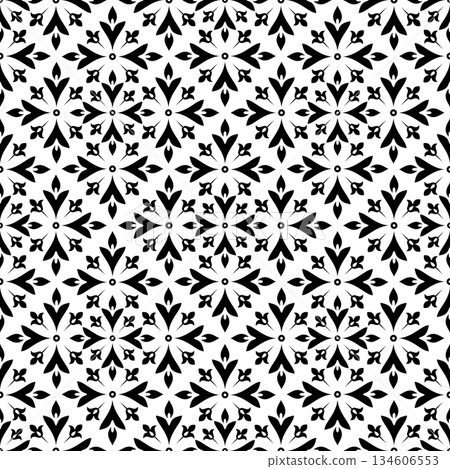 Flower geometric pattern. Seamless vector background. White and black ornament. Flower geometric pattern. Seamless vector background. White and black ornament. 134606553