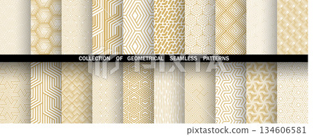 Geometric set of seamless golden and white patterns. Simple vector graphics Geometric set of seamless golden and white patterns. Simple vector graphics 134606581