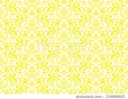 Wallpaper in the style of Baroque. White and yellow floral ornament. Seamless vector background. Graphic pattern for fabric, wallpaper, packaging. Ornate Damask flower illustration 134606605