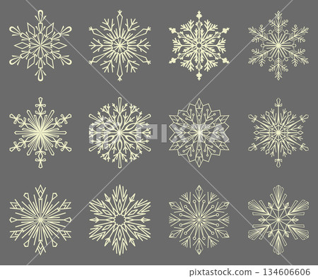 Snowflakes vector icon collection. Graphic modern gray and beige ornament 134606606