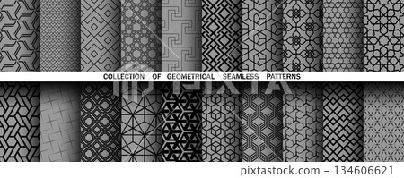 Geometric set of seamless black and gray patterns. Simple vector graphics 134606621