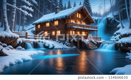 冬季熱氣騰騰的溫泉小屋 冬季熱氣騰騰的溫泉小屋 134606630