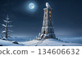月光下，一座石塔聳立，一隻巨大的雪鴞翩翩起舞。 134606632