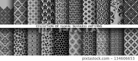 Geometric floral set of seamless patterns. Gray and black vector backgrounds. Damask graphic ornaments Geometric floral set of seamless patterns. Gray and black vector backgrounds. Damask graphic ornaments 134606653