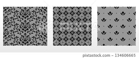 Geometric floral set of seamless patterns. Gray and black vector backgrounds. Damask graphic ornaments 134606665