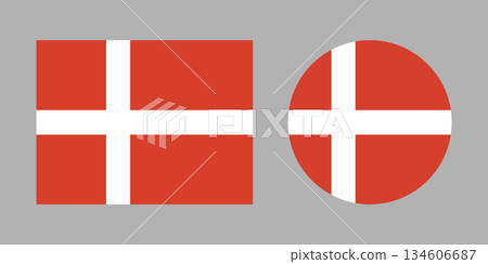 Denmark flag. Set of Danish flag with Nordic Cross in circle, rectangle. National Denmark round, rectangular flags. Denmark flag. Set of Danish flag with Nordic Cross in circle, rectangle. National Denmark round, rectangular flags. 134606687