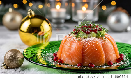 Elegant Salmon Terrine with Pomegranate and Dill, Festive Holiday Table Setting 134606714