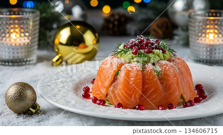 Elegant Smoked Salmon Terrine with Avocado and Pomegranate for Festive Occasions 134606715