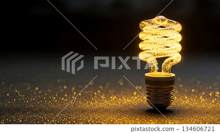 Glowing spiral energy-saving light bulb with sparkling golden bokeh background 134606721