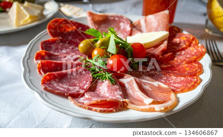 cold meat plate with salami sausage cold meat plate with salami sausage 134606867