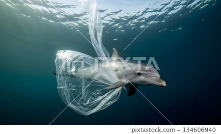 Dolphin entangled in plastic bag underwater, highlighting marine pollution crisis 134606940