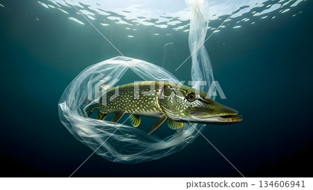 Pike fish trapped in a plastic bag underwater, symbolizing pollution and environmental damage 134606941