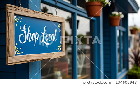 Charming blue shop sign with 'Shop Local' message in white script 134606948