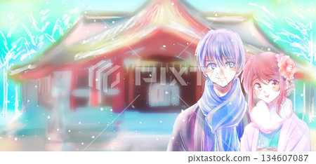 Men and women wearing kimonos hugging each other, hats, scarves, bust-up, winter shrine, snow Men and women wearing kimonos hugging each other, hats, scarves, bust-up, winter shrine, snow 134607087