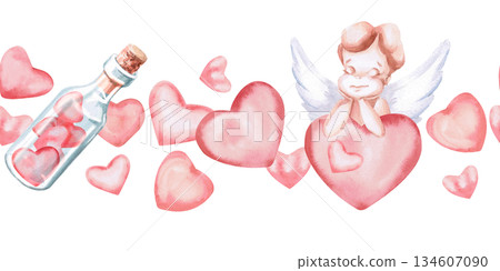 Seamless border with pink hearts, an angel, and a bottle. Isolated watercolor illustration for Valentine's Day party designs, interior decor, and fabric printing. 134607090