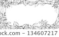 A rectangular frame with branches entwined with vines and lilies. Isolated pencil illustration of a tropical forest for event invitations, eco-hotel print design, poster printing, and menu design. 134607217
